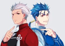 Rule 34 | 2boys, archer (fate), bberry, blue hair, clenched teeth, closed mouth, cu chulainn (fate), earrings, fate/stay night, fate (series), frown, glaring, grey background, grey eyes, grey hair, jewelry, cu chulainn (fate/stay night), long hair, looking at viewer, male focus, multiple boys, pointing, ponytail, red eyes, scowl, simple background, teeth, upper body