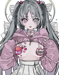 Rule 34 | 1girl, :p, blush, bow, breasts, breasts apart, brooch, choker, closed mouth, clothes lift, cowboy shot, dot nose, grey eyes, grey hair, hair bow, hair intakes, hair ornament, halo, heart, heart-shaped pupils, heterochromia, high-waist skirt, highres, hood, hood down, hooded jacket, inu totemo, jacket, jacket lift, jewelry, large breasts, looking at viewer, name tag, original, parted bangs, pasties, pink eyes, pink jacket, pleated skirt, sidelocks, simple background, skirt, solo, star (symbol), star in eye, straight-on, symbol-shaped pupils, symbol in eye, tongue, tongue out, twintails, white background, white bow, white choker, white skirt
