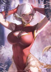 Rule 34 | 1girl, arms up, au ra, warrior of light (ff14), blurry, blurry background, breasts, cleavage, cleavage cutout, clothing cutout, commentary, commission, cowboy shot, dragon horns, dragon tail, dress, elbow gloves, english commentary, eva solo, final fantasy, final fantasy xiv, fingerless gloves, gloves, hand on own head, highres, horns, large breasts, lips, looking to the side, pinup (style), red dress, red gloves, scales, short hair, side slit, solo, tail, tassel, white hair, yellow eyes