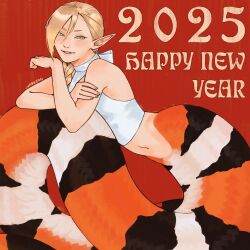 1girl 2025 bare_shoulders blonde_hair braid braided_ponytail braided_ponytail_lamia_(dungeon_meshi) dungeon_meshi elf facial_mark forehead_mark green_eyes halterneck happy_new_year highres lamia long_hair looking_at_viewer monster_girl navel new_year parted_lips pointy_ears red_background simple_background single_braid sleeveless smile solo unbread