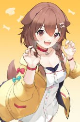 Rule 34 | 1girl, :d, absurdres, animal ears, blue bow, blush, bone hair ornament, bow, braid, brown eyes, brown hair, claw pose, collar, commentary, dog ears, dog girl, dog tail, dress, hair between eyes, hair ornament, hands up, highres, hololive, hololive gamers, hoso-inu, inugami korone, inugami korone (1st costume), jacket, long hair, long sleeves, looking at viewer, mimizuku (mmiganaru), nail polish, open clothes, open jacket, open mouth, red bow, red collar, smile, solo, symbol-only commentary, tail, twin braids, virtual youtuber, white dress, wristband, yellow jacket, yellow nails