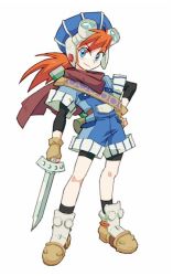 Rule 34 | 1boy, bike shorts, blue eyes, cape, closed mouth, gloves, goggles, grandia, grandia i, hat, justin (grandia), layered sleeves, long hair, looking at viewer, nemurism, red hair, simple background, smile, solo, white background