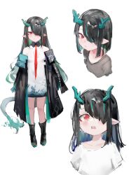 Rule 34 | 1girl, aged down, arknights, black coat, black footwear, black hair, blush, boots, breasts, cleavage cutout, clothing cutout, coat, colored skin, commentary, cropped torso, dragon girl, dragon horns, dragon tail, dusk (arknights), frown, gnai, green hair, green skin, grey shirt, hair over one eye, highres, horns, knee boots, long hair, looking at viewer, multicolored hair, multiple views, off-shoulder coat, off shoulder, open mouth, pointy ears, red eyes, shirt, simple background, small breasts, streaked hair, t-shirt, tail, tearing up, white background, white shirt