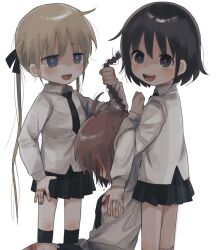 Rule 34 | 3girls, antenna hair, black necktie, black ribbon, black skirt, bleeding from forehead, blonde hair, blood, blood on hands, blue eyes, blush, braid, braided ponytail, brown hair, carrying, carrying person, collared shirt, commentary, dragging, fangs, from side, hair ribbon, hand on own hip, highres, injury, kill me baby, locked arms, long hair, long sleeves, looking at viewer, looking to the side, multiple girls, necktie, open mouth, oribe yasuna, pleated skirt, raised eyebrows, red hair, ribbon, shirt, short eyebrows, short hair, simple background, skirt, smile, sonya (kill me baby), standing, twintails, unconscious, unused character (kill me baby), white background, white shirt, yasashii naizou