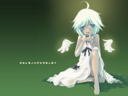 Rule 34 | 1girl, :p, ahoge, angel, angel wings, barefoot, blue eyes, bow, dress, female focus, gradient background, leg up, lost, lost-ko, ribbon, short hair, sitting, solo, sound horizon, soutatsu, tongue, tongue out, wallpaper, white hair, wings