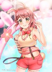 Rule 34 | 1girl, animal ears, animal print, arm warmers, artist name, artist request, bare shoulders, blush, bow, bowtie, braid, braided bun, breasts, buttons, cowboy shot, crescent moon, crescent moon symbol, cropped vest, detached sleeves, exciting animal (love live!), fake animal ears, female focus, fur-trimmed shorts, fur trim, green eyes, hair bow, hair bun, hairband, highres, hood, hooded vest, hoodie, looking at viewer, love live!, love live! nijigasaki high school idol club, love live! school idol festival, love live! school idol festival all stars, medium breasts, moon, on stage, orange hair, pants, parted lips, pink bow, pink lips, pink shirt, ponyagii, rabbit ears, rabbit print, rabbit tail, red bow, red hair, red shorts, shirt, short hair, short pants, short shorts, shorts, side bun, single detached sleeve, single side bun, sleeveless, sleeveless hoodie, smile, solo, spotlight, stage, stage lights, striped clothes, striped shirt, suspender shorts, suspenders, tail, uehara ayumu, vest, white hairband, white hoodie, white vest, yellow eyes