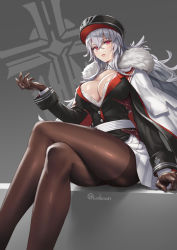 Rule 34 | 1girl, artist name, azur lane, breasts, buttons, commentary request, cross, crossed legs, cuboon, fur trim, gloves, graf zeppelin (azur lane), hat, iron cross, large breasts, lips, long hair, long sleeves, looking at viewer, miniskirt, pantyhose, peaked cap, red eyes, shiny clothes, shiny skin, signature, silver hair, simple background, sitting, skirt, solo, thighs, uniform