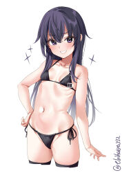 Rule 34 | 1girl, akatsuki (kancolle), bare shoulders, bikini, black thighhighs, blush, breasts, collarbone, cropped legs, ebifurya, hair between eyes, hand on own hip, highres, kantai collection, long hair, looking at viewer, navel, one-hour drawing challenge, purple eyes, purple hair, side-tie bikini bottom, simple background, small breasts, solo, stomach, swimsuit, thighhighs, thighs, twitter username, white background