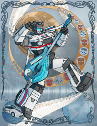 Rule 34 | 1boy, autobot, car, commentary, english commentary, guitar, highres, holding, holding instrument, insignia, instrument, jazz (transformers), looking at viewer, mecha, motor vehicle, musical note, no humans, planet, porsche, porsche 935, ralloonx, robot, solo focus, transformers, v, visor