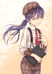 Rule 34 | 1girl, alk, bang dream!, cabbie hat, checkered clothes, checkered headwear, checkered shorts, cowboy shot, hat, holding, holding notebook, light smile, long hair, necktie, notebook, ponytail, purple hair, red eyes, red necktie, seta kaoru, shirt, solo, suspenders, white shirt
