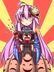 Rule 34 | &gt; &lt;, 2girls, :d, ahoge, asymmetrical wings, black hair, blush, carrying, chibi, expressionless, closed eyes, feiton, hata no kokoro, highres, houjuu nue, long hair, looking at viewer, mask on head, multiple girls, open mouth, purple eyes, purple hair, short hair, size difference, smile, touhou, wings, xd