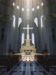 Rule 34 | akasa tanaha (user uhrn4435), altar, bench, church, commentary request, cross, highres, indoors, latin cross, light particles, light rays, no humans, original, scenery