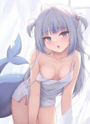 Rule 34 | 1girl, :o, absurdres, ahoge, bare arms, bare shoulders, blue eyes, blue hair, blunt bangs, blush, breasts, camisole, collarbone, dchiang, fins, fish tail, gawr gura, grey hair, hair intakes, hair ornament, highres, hololive, hololive english, leaning forward, long hair, looking at viewer, medium breasts, multicolored hair, open mouth, shark girl, shark hair ornament, shark tail, sidelocks, solo, strap slip, streaked hair, tail, thighs, two side up, virtual youtuber, white camisole