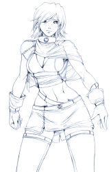 Rule 34 | 1girl, asymmetrical clothes, breasts, capelet, cleavage, commentary, contrapposto, daniel fielding, english commentary, eyebrows hidden by hair, gloves, hair over one eye, highres, medium breasts, midriff, miniskirt, monochrome, navel, original, skirt, solo, thighhighs