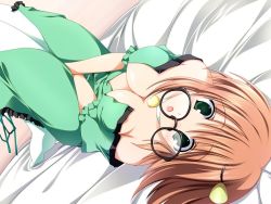 1girl breasts cleavage dress female_focus game_cg glasses kannazuki_nemu kushida_kira no_bra open_clothes open_shirt otaku_masshigura shirt solo