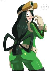 Rule 34 | 10s, 1girl, ass, asui tsuyu, boku no hero academia, downscaled, md5 mismatch, resized, simple background, solo, tagme, tongue
