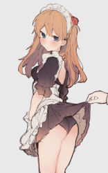 Rule 34 | 1girl, apron, ass, black bra, black panties, blue eyes, blush, bra, breasts, brown dress, brown hair, clothes lift, dress, dress lift, frilled apron, frills, grey background, hair between eyes, hair ornament, ikeuchi tanuma, long hair, looking away, looking to the side, maid headdress, neon genesis evangelion, out of frame, panties, puffy short sleeves, puffy sleeves, short sleeves, simple background, sketch, skirt, skirt lift, small breasts, solo focus, souryuu asuka langley, underwear, v-shaped eyebrows, white apron