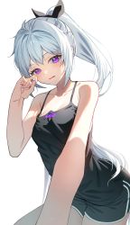 Rule 34 | absurdres, black camisole, black shorts, camisole, darker than black, hair ribbon, highres, looking at viewer, open mouth, pink eyes, ponytail, ribbon, shorts, sugar (dndi888), white background, white hair, wince, yin (darker than black)