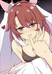 Rule 34 | 1girl, :3, ahoge, alternate costume, alternate hairstyle, animal ears, armpit crease, bare shoulders, black tank top, blush, breasts, brown eyes, brown hair, cleavage, collarbone, colored tips, commentary request, dantsu flame (umamusume), dark background, ear covers, ear ornament, finger to mouth, hair between eyes, headband, highres, horse ears, horse girl, looking at viewer, medium breasts, medium hair, multicolored hair, open mouth, pov, pov hands, smile, solo, sweat, tank top, translation request, umamusume, veil, wahiko (black bastard)