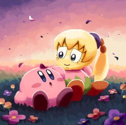 Rule 34 | :o, aruco co, blonde hair, blue eyes, blush, blush stickers, closed mouth, eyelashes, falling petals, flower, fumu (kirby), gradient sky, grass, green eyes, highres, kirby, kirby: right back at ya, kirby (series), long hair, looking at another, looking to the side, nintendo, on grass, open mouth, outdoors, petal on head, petals, pink flower, ponytail, purple flower, red flower, sitting, sky, sunset