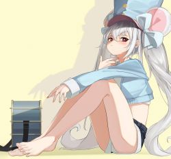 Rule 34 | 1girl, absurdres, animal ears, ass, bare legs, barefoot, black shorts, blue hat, blue jacket, bow, closed mouth, commission, crop top, cropped jacket, denim, denim shorts, drop shadow, drum, dungeon and fighter, grey hair, hair bow, hat, highres, instrument, jacket, knees up, lifeff, long hair, long sleeves, looking at viewer, micro shorts, midriff, mouse ears, mouse girl, mouse tail, red eyes, second-party source, shirt, short shorts, shorts, sidelocks, sitting, solo, tail, thighs, timitarcat, twintails, very long hair, white shirt