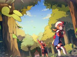 Rule 34 | 1boy, 1girl, backwards hat, black hair, blue overalls, blue sky, brown hair, cabbie hat, celebi, creatures (company), ethan (pokemon), falling leaves, forest, game freak, gen 2 pokemon, grass, hat, highres, ilex forest, leaf, legendary pokemon, lyra (pokemon), mythical pokemon, nature, nintendo, open mouth, outdoors, overalls, pokemon, pokemon (creature), pokemon hgss, red shirt, selyg15, shirt, shorts, shrine, sky, thighhighs, tree, twintails, white hat, white thighhighs, yellow hat