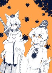 Rule 34 | 2girls, :d, animal ears, bright pupils, closed mouth, commentary, corrupted twitter file, detached sleeves, falling leaves, gurajio, hands in opposite sleeves, hat, highres, inubashiri momiji, japanese clothes, kariginu, leaf, limited palette, looking at another, looking up, maple leaf, mononobe no futo, multiple girls, open mouth, orange background, orange eyes, pom pom (clothes), ponytail, ribbon-trimmed sleeves, ribbon trim, shirt, short hair, simple background, skirt, smile, sword, sword behind back, symbol-only commentary, tail, tate eboshi, tokin hat, touhou, upper body, weapon, wide sleeves, wolf ears, wolf tail