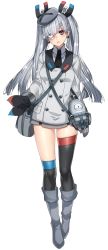 Rule 34 | 1girl, asymmetrical legwear, bad id, bad twitter id, bag, black thighhighs, blush, boots, bottle, creatures (company), earrings, eyepatch, full body, game freak, gen 1 pokemon, gloves, grey eyes, grey footwear, highres, jewelry, katagiri hachigou, knee boots, looking at viewer, magneton, miniskirt, nintendo, open mouth, personification, pokemon, silver hair, simple background, skirt, solo, thighhighs, twintails, uneven legwear, water bottle, white background