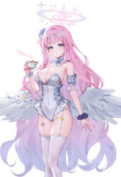 Rule 34 | 1girl, angel wings, blue archive, bow, breasts, cleavage, closed mouth, covered navel, crescent, feathered wings, frilled leotard, frills, gradient hair, groin, hair bun, halo, highres, large breasts, legwear garter, leotard, long hair, looking at viewer, low wings, mika (blue archive), multicolored hair, pink hair, red bow, rity, scrunchie, simple background, single side bun, solo, strapless, strapless leotard, thighhighs, thighs, twitter username, very long hair, white background, white leotard, white thighhighs, white wings, wing ornament, wings, wrist scrunchie, yellow eyes