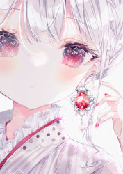 Rule 34 | 1girl, :|, absurdres, blush, close-up, closed mouth, commentary, earrings, expressionless, fingernails, glowing, hair between eyes, highres, japanese clothes, jewelry, kimono, kotamun, long hair, looking at viewer, nail polish, original, portrait, red eyes, red nails, silver hair, simple background, solo, white background