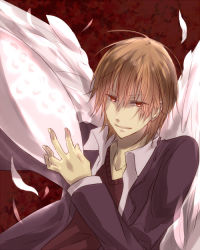 Rule 34 | 1boy, ahoge, angel wings, bad id, bad pixiv id, bberry, brown eyes, brown hair, falling feathers, feathers, formal, kakine teitoku, male focus, open clothes, open shirt, red eyes, shirt, short hair, smile, solo, sweater, toaru majutsu no index, wings, wings helmet