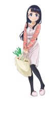 Rule 34 | 1girl, absurdres, bag, black hair, blue eyes, closed mouth, edomae elf, food, highres, koganei koyuzu, long hair, looking at viewer, official art, pantyhose, shirt, skirt, slippers, smile, solo, straight hair, striped clothes, striped shirt, tachi-e, transparent background, vegetable