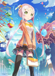 Rule 34 | 10s, 1girl, :o, amusement park, android, ange vierge, bag, balloon, bangs pinned back, black skirt, black thighhighs, blue sky, breasts, building, cardigan, carousel, castle, cloud, copyright name, crowd, day, facial mark, fence, ferris wheel, forehead mark, from below, glowing, green eyes, hair ornament, hairclip, handbag, highres, holding, holding bag, hood, hood down, hooded sweater, impossible clothes, impossible shirt, kankurou, long hair, looking away, medium breasts, miniskirt, no bra, original, outdoors, parted bangs, pink hair, robot ears, shirt, short hair with long locks, shorts, sidelocks, silhouette, skirt, sky, solo focus, sweater, thighhighs, v arms, zettai ryouiki