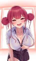 Rule 34 | 1girl, absurdres, breasts, cleavage, highres, hololive, hololive fantasy, houshou marine, kumoru 145, large breasts, looking at viewer, open mouth, red eyes, red hair, shirt, short sleeves, smile, solo, virtual youtuber, white shirt, yellow eyes