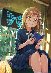 Rule 34 | 1girl, blue butterfly, blue dress, book, booklet, bookmark, bow, branch, bug, butterfly, chair, dress, glasses, hair bow, highres, holding, holding book, indoors, insect, kunikida hanamaru, light brown hair, long hair, looking at viewer, love live!, love live! sunshine!!, picture frame, shamakho, short sleeves, signature, sitting, smile, solo, sunlight, sunset, tree, white bow, white legwear, window, yellow butterfly, yellow eyes