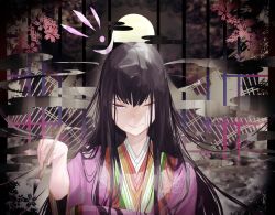 Rule 34 | 1girl, black hair, breasts, calligraphy brush, closed mouth, egasumi, fate/grand order, fate (series), full moon, hair between eyes, japanese clothes, karaginu mo, kimono, kuronoiparoma, layered clothes, layered kimono, long hair, long sleeves, moon, murasaki shikibu (fate), murasaki shikibu (third ascension) (fate), night, night sky, one eye closed, paintbrush, pink kimono, purple eyes, sky, smile, solo, very long hair, wide sleeves