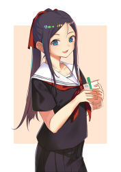 Rule 34 | 1girl, :d, black hair, black shirt, black skirt, blue eyes, brown background, bubble tea, commentary request, cup, disposable cup, drinking straw, fang, forehead, hair ribbon, highres, holding, holding cup, itachi kanade, long hair, looking at viewer, neckerchief, open mouth, original, parted bangs, pleated skirt, ponytail, red neckerchief, red ribbon, ribbon, sailor collar, school uniform, serafuku, shirt, short sleeves, skirt, smile, solo, two-tone background, very long hair, white background, white sailor collar