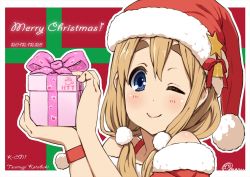 Rule 34 | 1girl, bad id, bad pixiv id, blonde hair, blue eyes, christmas, eyebrows, gift, k-on!, kotobuki tsumugi, kurinton, long hair, omaru gyuunyuu, one eye closed, santa costume, solo, wink