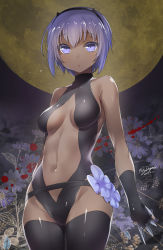 Rule 34 | 1girl, 47agdragon, bare shoulders, between fingers, black gloves, black leotard, black thighhighs, blush, breasts, center opening, closed mouth, cowboy shot, dark-skinned female, dark skin, fate/prototype, fate/prototype: fragments of blue and silver, fate (series), fingerless gloves, flower, gloves, hairband, hassan of serenity (fate), highres, holding, knife, leotard, looking at viewer, medium breasts, moon, navel, parted lips, purple eyes, purple hair, revision, short hair, solo, thighhighs, throwing knife, turtleneck, underboob, weapon