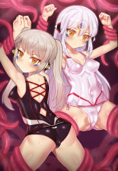 Rule 34 | 2girls, armpits, bad id, bad pixiv id, blush, breasts, cleavage, cleft of venus, elsword, eve (elsword), facial mark, forehead jewel, long hair, mechanical ears, multiple girls, nt00, restrained, silver hair, sweat, swimsuit, tentacles, twintails, yellow eyes