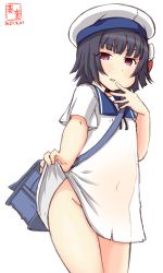 Rule 34 | 1girl, artist logo, bag, black hair, clothes lift, commentary request, dated, dress, dress lift, hair ribbon, hat, highres, ishigaki (kancolle), kanon (kurogane knights), kantai collection, lifting own clothes, looking at viewer, no panties, one-hour drawing challenge, purple eyes, red ribbon, ribbon, sailor dress, see-through, short hair, simple background, solo, white background, white dress, white hat, white ribbon
