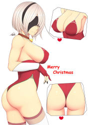 Rule 34 | 1girl, 2b (nier:automata), bare shoulders, bell, black blindfold, black hairband, blindfold, breasts, cleavage, covered eyes, from side, gloves, hairband, heart, large breasts, merry christmas, multiple views, neck bell, nier:automata, nier (series), red gloves, ryu seung, short hair, signature, simple background, smile, thighhighs, white background, white hair