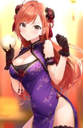 Rule 34 | 1girl, arisugawa natsuha, bare shoulders, blush, breasts, bun cover, bvucki36gzoeq1c, china dress, chinese clothes, cleavage, cleavage cutout, closed mouth, clothing cutout, cowboy shot, double bun, dress, grey eyes, hair bun, highres, idolmaster, idolmaster shiny colors, large breasts, long hair, looking at viewer, pelvic curtain, purple dress, red hair, side slit, smile, solo, standing