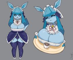 Rule 34 | 1girl, blue fur, blue sclera, blush, breasts, breasts on plate, bright pupils, cleavage, colored sclera, creatures (company), cup, curvy, disgust, fang, furry, furry female, game freak, gen 4 pokemon, glaceon, glaceon (tea party), highres, huge breasts, multicolored fur, neck ribbon, necktie, nintendo, pokemon, pokemon (creature), pokemon unite, ribbon, tail, thick thighs, thighs, white pupils, wide hips, wozzu
