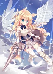 Rule 34 | 1girl, angel wings, animal ears, armor, armored boots, belt, black ribbon, blonde hair, blush, boots, breastplate, choker, day, elbow gloves, feathered wings, feathers, flat chest, floating hair, frilled skirt, frills, full body, gloves, green eyes, grey skirt, hair ornament, high heel boots, high heels, highres, holding, holding weapon, hoshi (snacherubi), lance, lens flare, long hair, miniskirt, original, outdoors, parted lips, pleated skirt, polearm, purple eyes, ribbon, ribbon choker, shield, skirt, sky, solo, thighhighs, very long hair, weapon, white feathers, white gloves, white thighhighs, white wings, wings
