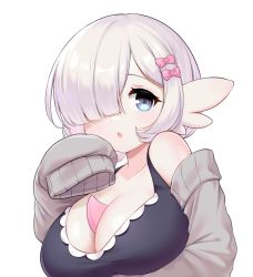 Rule 34 | 1girl, bow, breasts, cleavage, collarbone, commission, grey eyes, grey sweater, hair bow, hair over one eye, highres, large breasts, long sleeves, looking at viewer, original, parted lips, pink bow, short hair, silver hair, sleeves past wrists, solo, susukitten, sweater, upper body