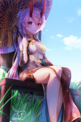 Rule 34 | 1girl, bare shoulders, bench, blue sky, blush, breasts, china dress, chinese clothes, closed mouth, day, detached sleeves, dress, fate/grand order, fate (series), grass, hair between eyes, heroic spirit traveling outfit, highres, horns, large breasts, long hair, looking at viewer, mitsudomoe (shape), oil-paper umbrella, oni horns, pelvic curtain, ponytail, purple (jobseeking), red eyes, side slit, silver hair, sitting, sky, sleeveless, sleeveless dress, smile, solo, tomoe (symbol), tomoe gozen (fate), tomoe gozen (traveling outfit) (fate), umbrella, wide sleeves