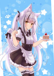 Rule 34 | 1girl, animal ear fluff, animal ears, apron, black bow, black dress, black hair, black thighhighs, blush, bow, bow legwear, cake, cat ears, cat girl, cat tail, cowboy shot, dress, dress bow, food, frilled dress, frilled thighhighs, frills, hair bow, hair ornament, hair over shoulder, hairpin, hands up, holding, holding plate, long hair, looking at viewer, m ko (maxft2), maid, multicolored clothes, multicolored dress, multicolored hair, original, paw pose, plate, short dress, short sleeves, signature, silver hair, solo, tail, tail bow, tail ornament, tail raised, thighhighs, twintails, very long hair, white dress, yellow eyes, zettai ryouiki