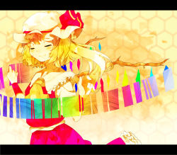 Rule 34 | 1girl, ascot, bad id, bad pixiv id, blonde hair, closed eyes, embodiment of scarlet devil, female focus, flandre scarlet, frills, hat, hat ribbon, hexagon, honeycomb (pattern), honeycomb background, honeycomb pattern, kaino, letterboxed, ribbon, short hair, side ponytail, skirt, skirt set, smile, solo, touhou, wings, wristband