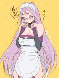 Rule 34 | 1girl, apron, bare shoulders, blush, breasts, choker, cleavage, cleavage cutout, clothing cutout, cowboy shot, detached sleeves, dress, facial mark, fate/grand order, fate/stay night, fate (series), forehead mark, glasses, hip vent, large breasts, long hair, maid, maid apron, maid headdress, medusa (fate), medusa (rider) (fate), medusa (rider) (third ascension) (fate), purple eyes, purple hair, smile, snake, solo, square pupils, strapless, strapless dress, translated, twitter username, utu (ldnsft), very long hair